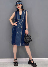 Vestido midi de gasa con cuello Peter Pan, borlas y patchwork, sin mangas, de color azul vaquero sencillo